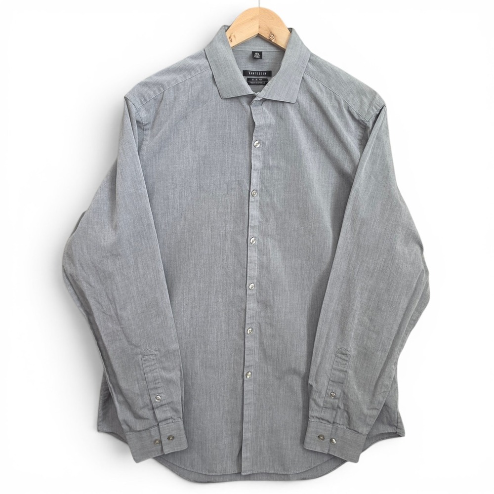 Van Heusen Dress Shirt Mens 16.5 34/35 Gray Button Slim Fit Fresh Defense Career